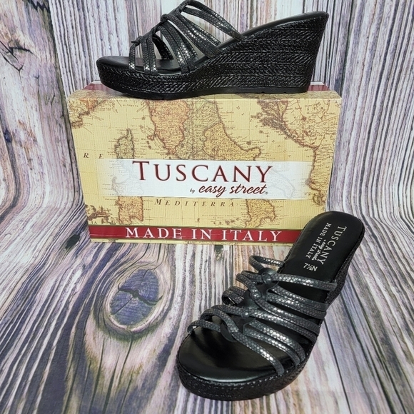 Tuscany by Easy Street Luciana Wedge Sandals Women Size 7.5N Black Metallic New - Picture 1 of 10